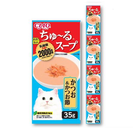 อาหารเปียกแมว CIAO CHURU SOUP LINE POUCH รสปลาโอและปลาโอแห้ง 35 ก. X 4 ซอง