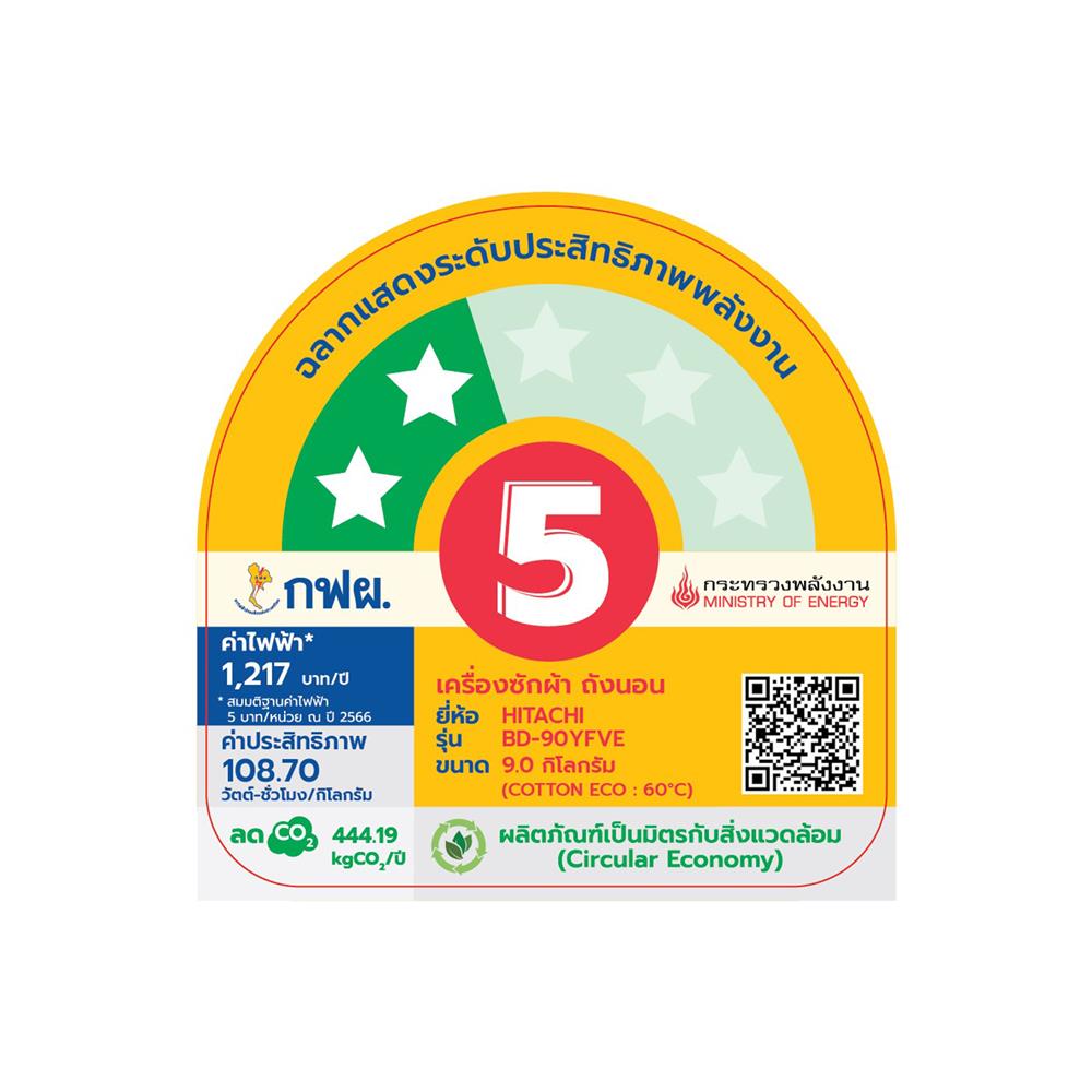 เครื่องซักผ้าฝาหน้า HITACHI BD90YFVE 9 กก. 1400RPM อินเวอร์เตอร์ สีขาว