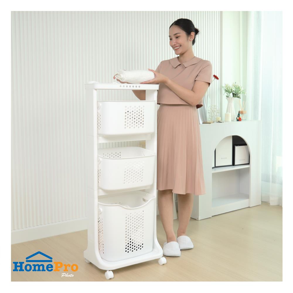 ตะกร้าผ้าเหลี่ยมมีล้อ 3 ชั้น PLIM 1025M3 สีขาว