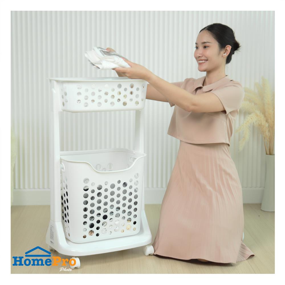 ตะกร้าผ้าเหลี่ยมมีล้อ 2 ชั้น PLIM 1021 สีขาว