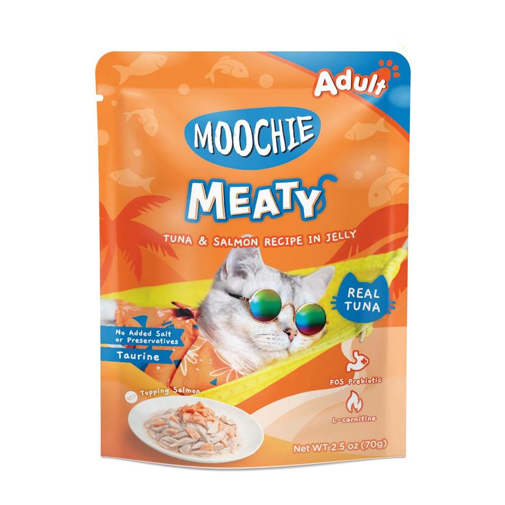 อาหารเปียกแมว MOOCHIE TUNA AND SALMON IN JELLY 70 ก.