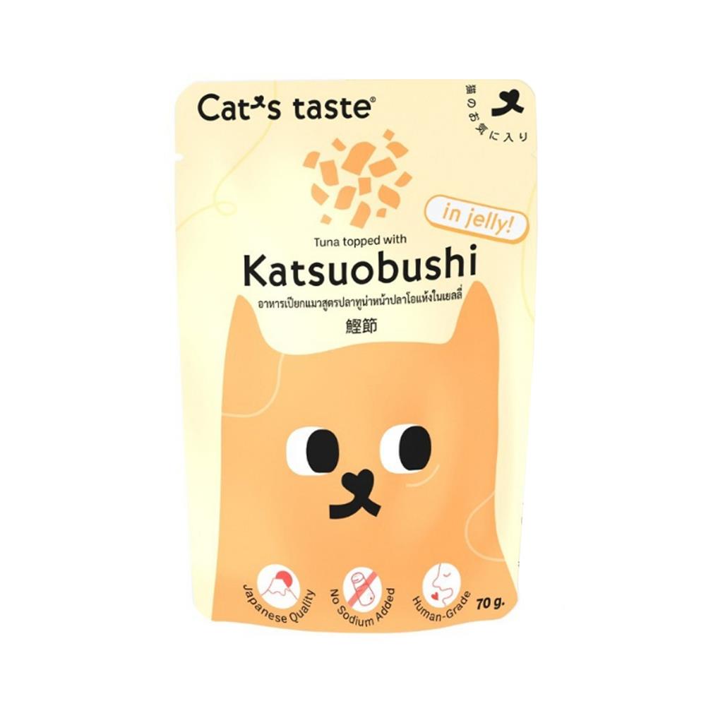 อาหารเปียกแมว CATS TASTE TUNA TOPPED WITH KATSUOBUSHI IN JELLY 70 ก.