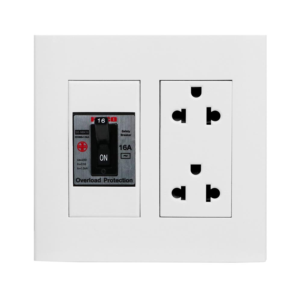 ชุดเต้ารับคู่ 3 ขา พร้อมเซฟตี้เบรคเกอร์ HACO DECO 16 แอมป์ สีขาว