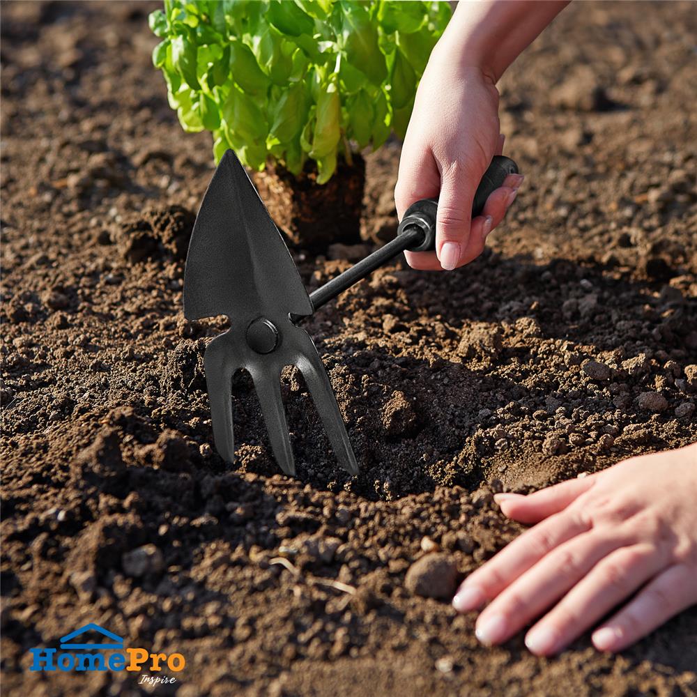 คราด 3 ซี่ พร้อมส้อมพรวนดิน เหล็ก SPRING สีดำ