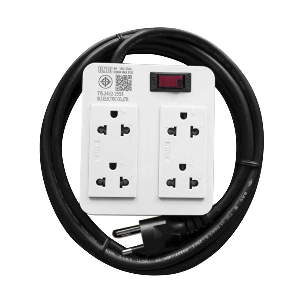 บล็อกรางปลั๊กไฟ 4 ช่อง 1 สวิตซ์ พร้อมสายไฟ 5 เมตร UNIC B4-2 3500 วัตต์ 16A