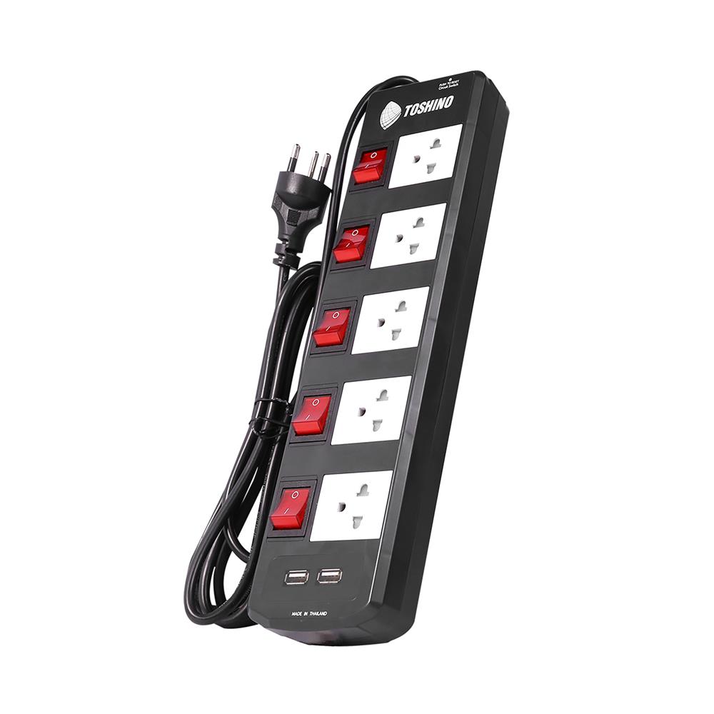 รางปลั๊กไฟ 5 ช่อง 5 สวิตซ์ 2 USB TOSHINO TIS515USB 5 ม. สีดำ