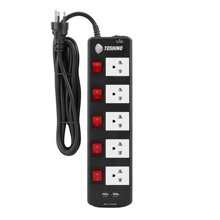 รางปลั๊กไฟ 5 ช่อง 5 สวิตซ์ 2 USB TOSHINO TIS515USB 5 ม. สีดำ