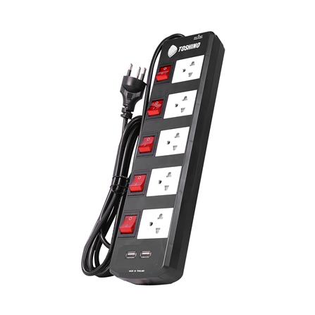 รางปลั๊กไฟ 5 ช่อง 5 สวิตซ์ 2 USB TOSHINO TIS515USB 5 ม. สีดำ_1