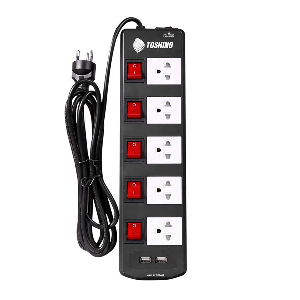 รางปลั๊กไฟ 5 ช่อง 5 สวิตซ์ 2 USB TOSHINO TIS515USB 3 ม. สีดำ