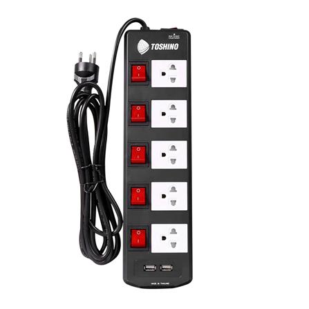 รางปลั๊กไฟ 5 ช่อง 5 สวิตซ์ 2 USB TOSHINO TIS515USB 3 ม. สีดำ
