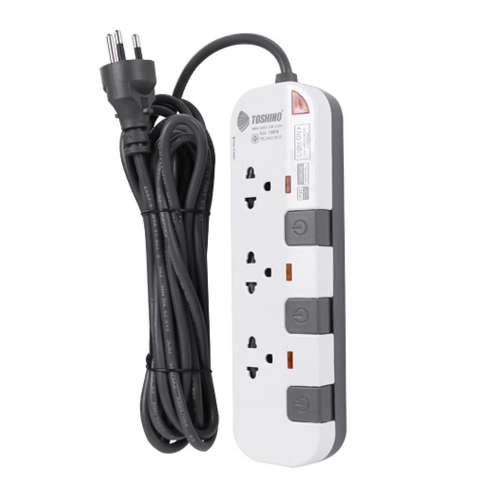 รางปลั๊กไฟ 3 ช่อง 3 สวิตซ์ TOSHINO P3375 3 ม. สีขาว/เทา