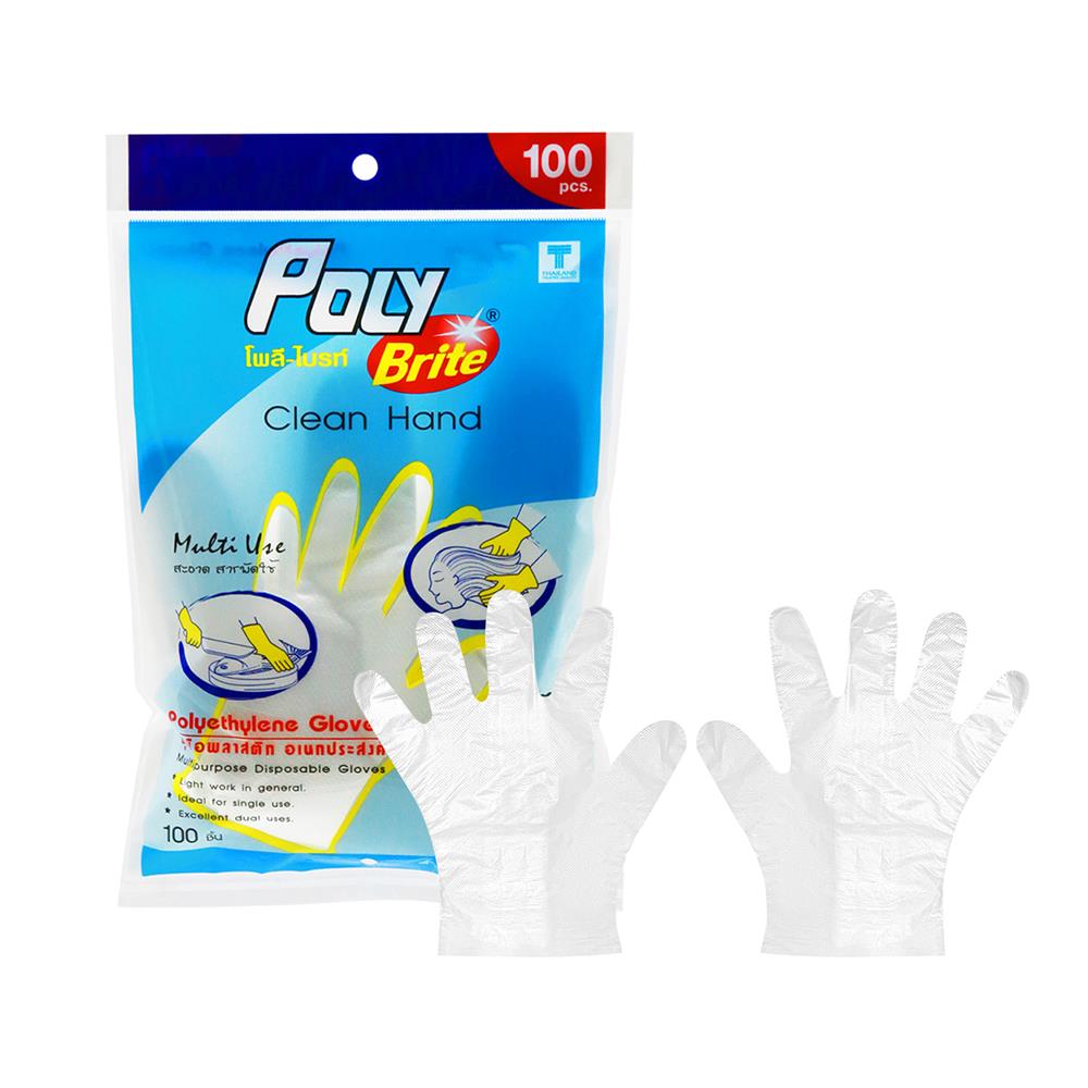 ถุงมือพลาสติก HDPE POLY-BRITE FREE SIZE แพ็ก 100 ชิ้น