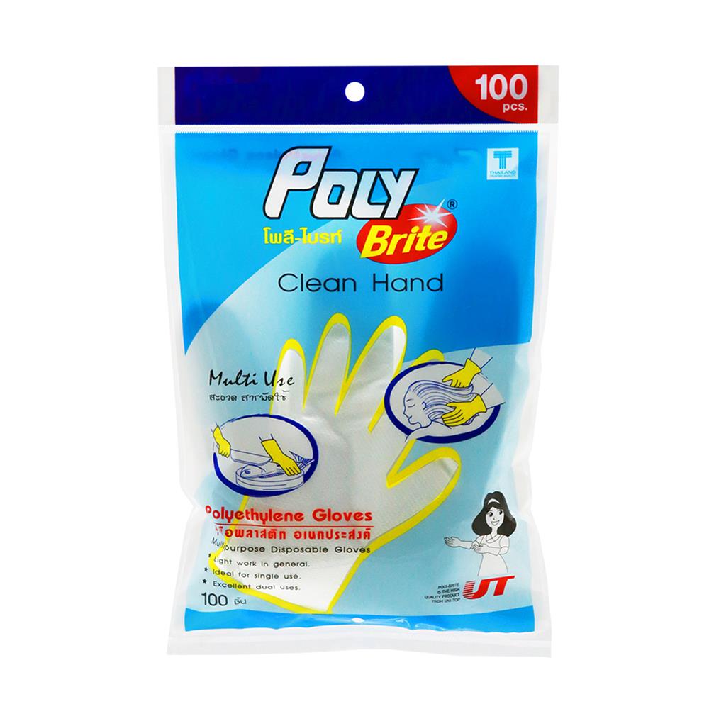 ถุงมือพลาสติก HDPE POLY-BRITE FREE SIZE แพ็ก 100 ชิ้น