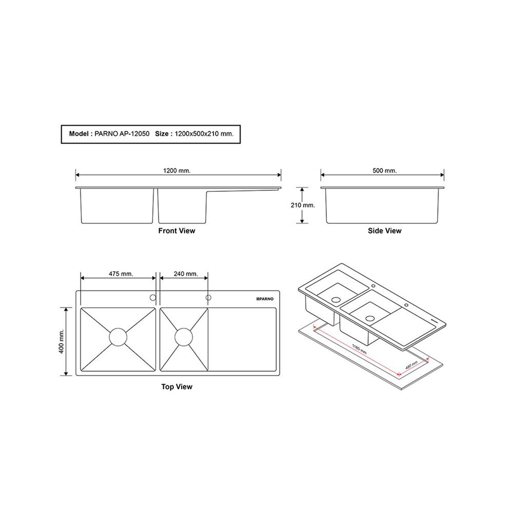 ซิงค์ฝัง 2 หลุม 1 ที่พัก PARNO AP-12050 สีเงิน