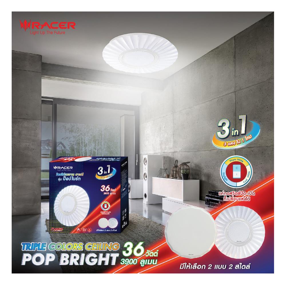 ไฟเพดาน LED RACER POP BRIGHT PBT04 15 นิ้ว 36 วัตต์ DAYLIGHT/COOL WHITE/WARM WHITE สีขาว