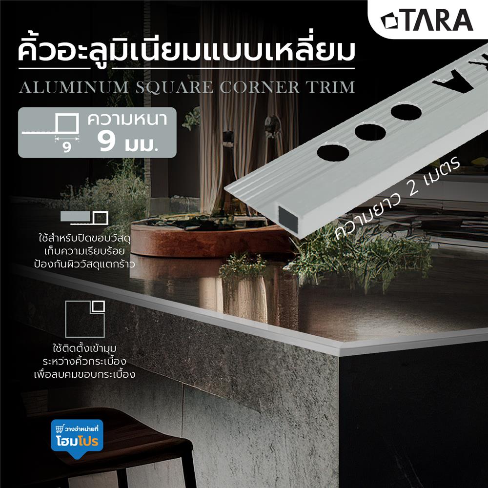 คิ้วอะลูมิเนียมแบบหลี่ยม TARA 9 มม. 2 ม. ปัดลายเงิน