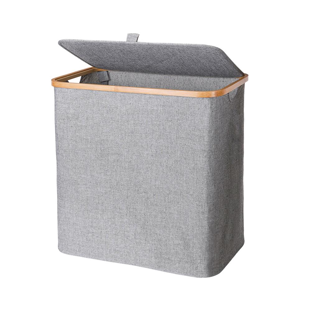 ตะกร้าผ้าเหลี่ยมมีฝาขอบไม้ PLIM 54 ซม. สีเทา