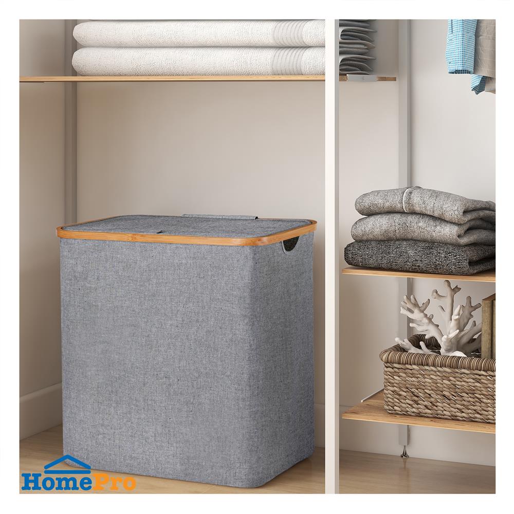 ตะกร้าผ้าเหลี่ยมมีฝาขอบไม้ PLIM 54 ซม. สีเทา