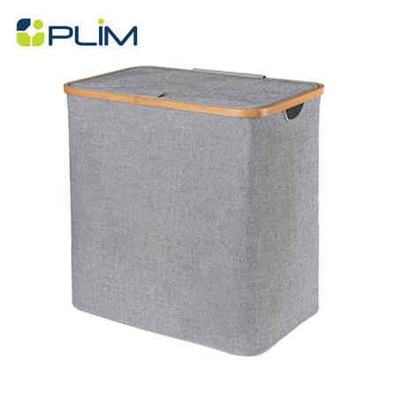 ตะกร้าผ้าเหลี่ยมมีฝาขอบไม้ PLIM 54 ซม. สีเทา