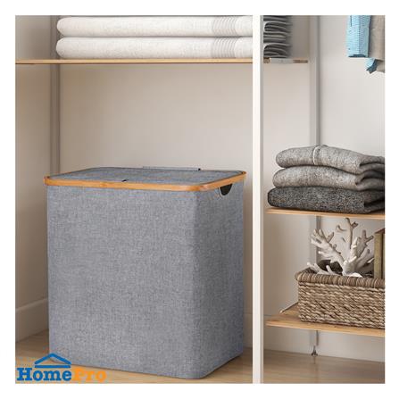 ตะกร้าผ้าเหลี่ยมมีฝาขอบไม้ PLIM 54 ซม. สีเทา_4