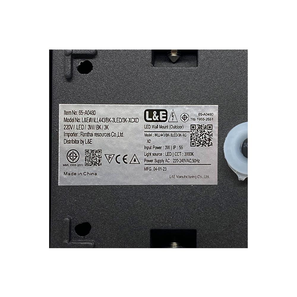 ไฟผนังภายนอก LED L&E 65-A0480 3 วัตต์ WARM WHITE สีดำ
