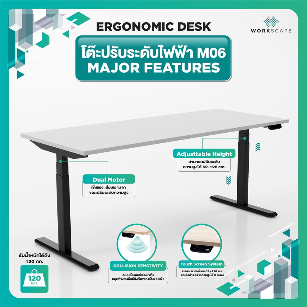 โต๊ะปรับระดับไฟฟ้า WORKSCAPE WDH-00011 180 ซม. สีขาว/ดำ