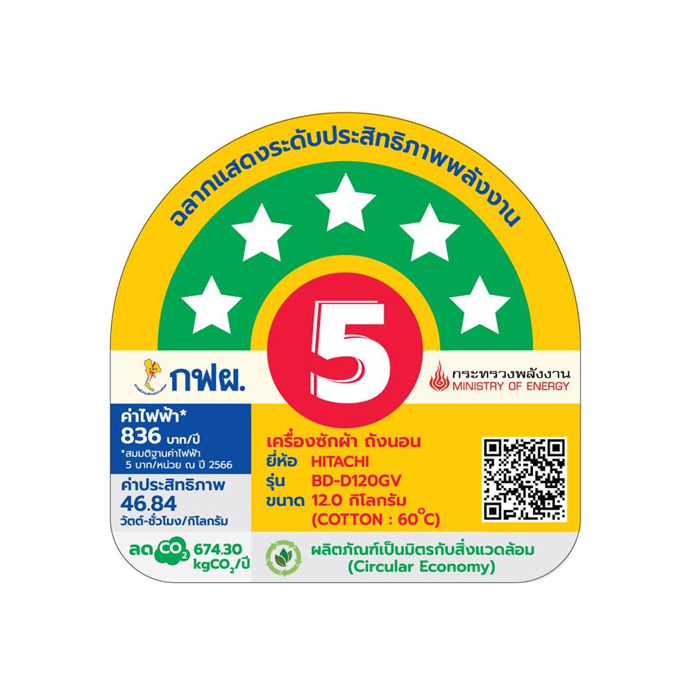 เครื่องซักอบ HITACHI BD-D120GV 12/8 กก. 1600RPM อินเวอร์เตอร์