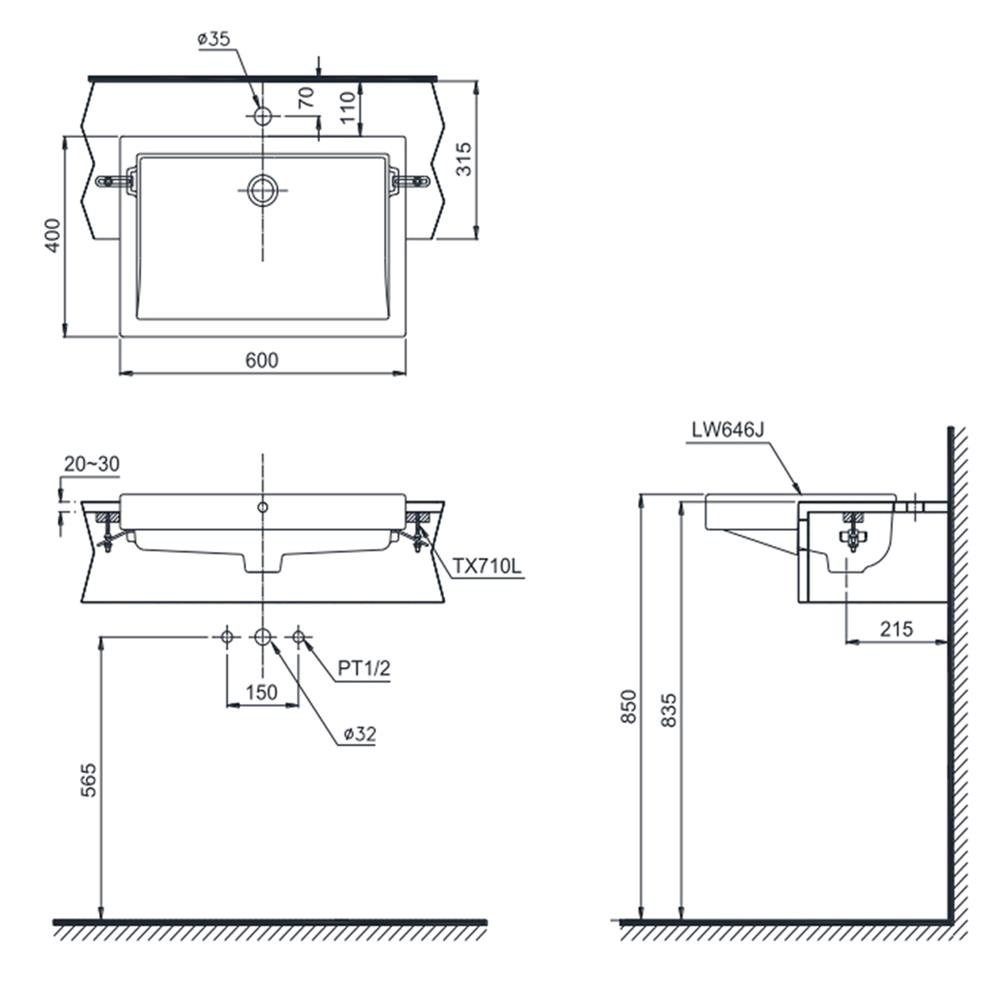 อ่างล้างหน้าฝังครึ่งเคาน์เตอร์ TOTO LW646JW/F สีขาว