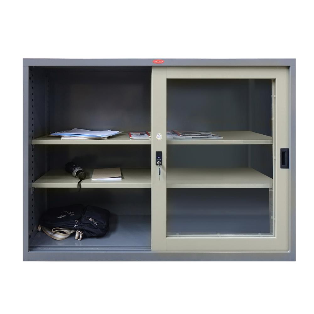 ตู้เหล็กบานเลื่อนกระจก SURE SLG-04 สีเทา/ครีม