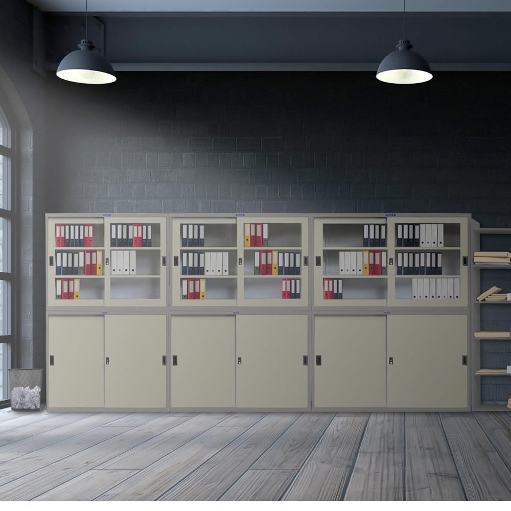 ตู้เหล็กบานเลื่อนกระจก SURE SLG-04 สีเทา/ครีม