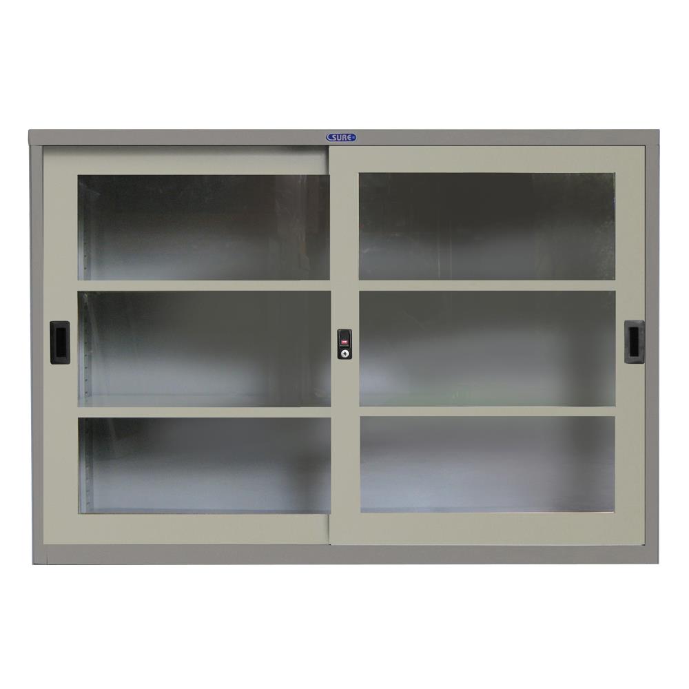 ตู้เหล็กบานเลื่อนกระจก SURE SLG-05 สีเทา/ครีม