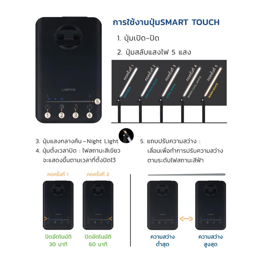 ไฟอ่านหนังสือ LED LAMPTAN LUMI5WCCT 5 วัตต์ DAYLIGHT/COOL WHITE/WARM WHITE สีดำ
