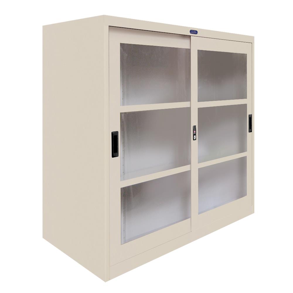 ตู้เหล็กบานเลื่อนกระจก SURE SLG-03 สีครีม