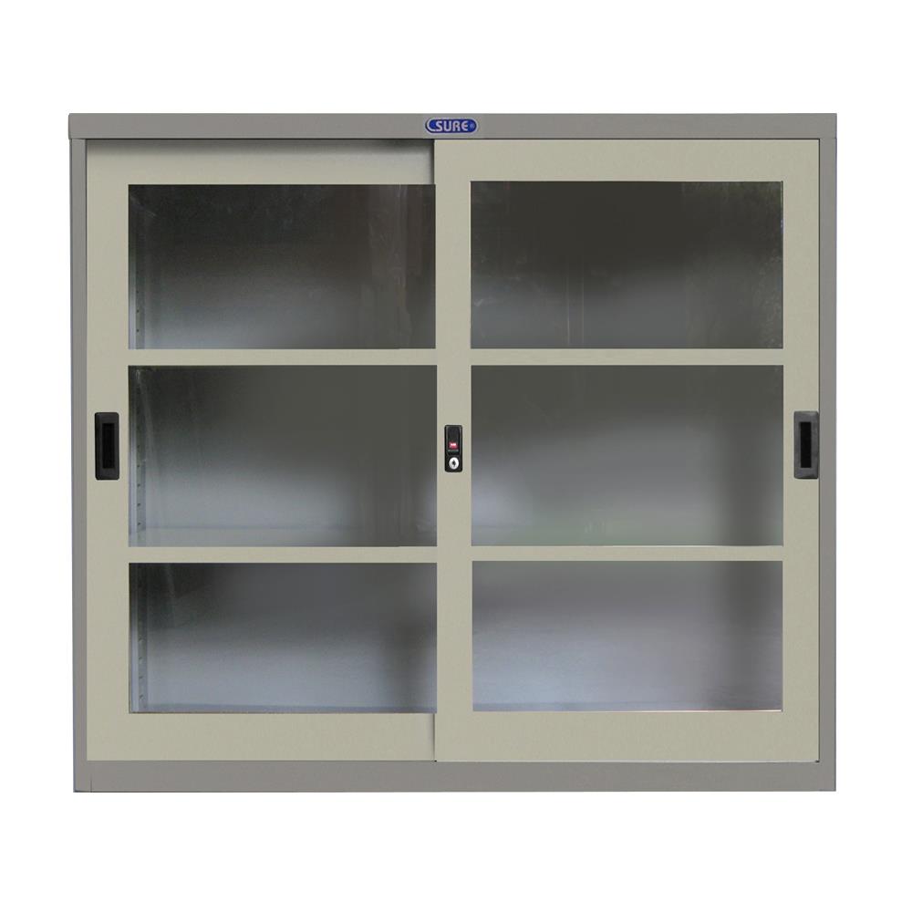 ตู้เหล็กบานเลื่อนกระจก SURE SLG-03 สีเทา/ครีม