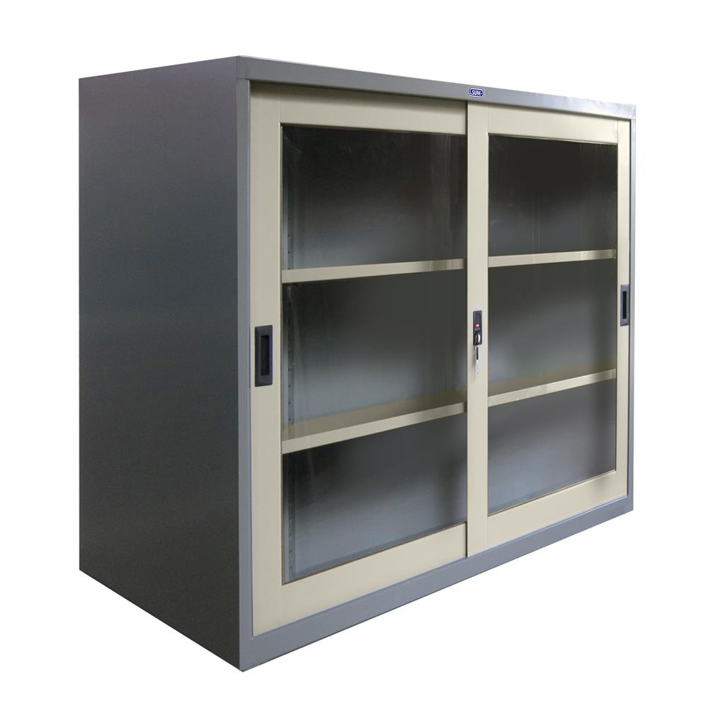 ตู้เหล็กบานเลื่อนกระจก SURE SLG-03 สีเทา/ครีม