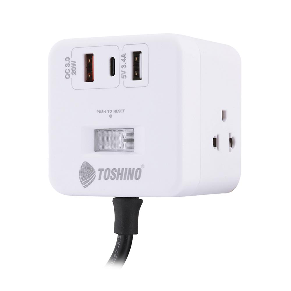 รางปลั๊กไฟ 4 ช่อง 1 สวิตซ์ 2 USB 3.4A 1 TYPE C TOSHINO 1PD20W 10 แอมป์ 2300 วัตต์ 2 เมตร สีขาว