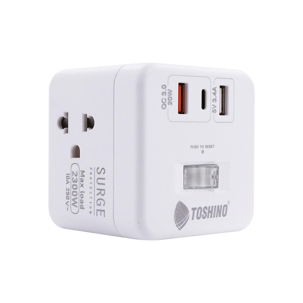 รางปลั๊กไฟ 4 ช่อง 1 สวิตซ์ 2 USB 3.4A 1 TYPE C TOSHINO 1PD20W 10 แอมป์ 2300 วัตต์ 2 เมตร สีขาว