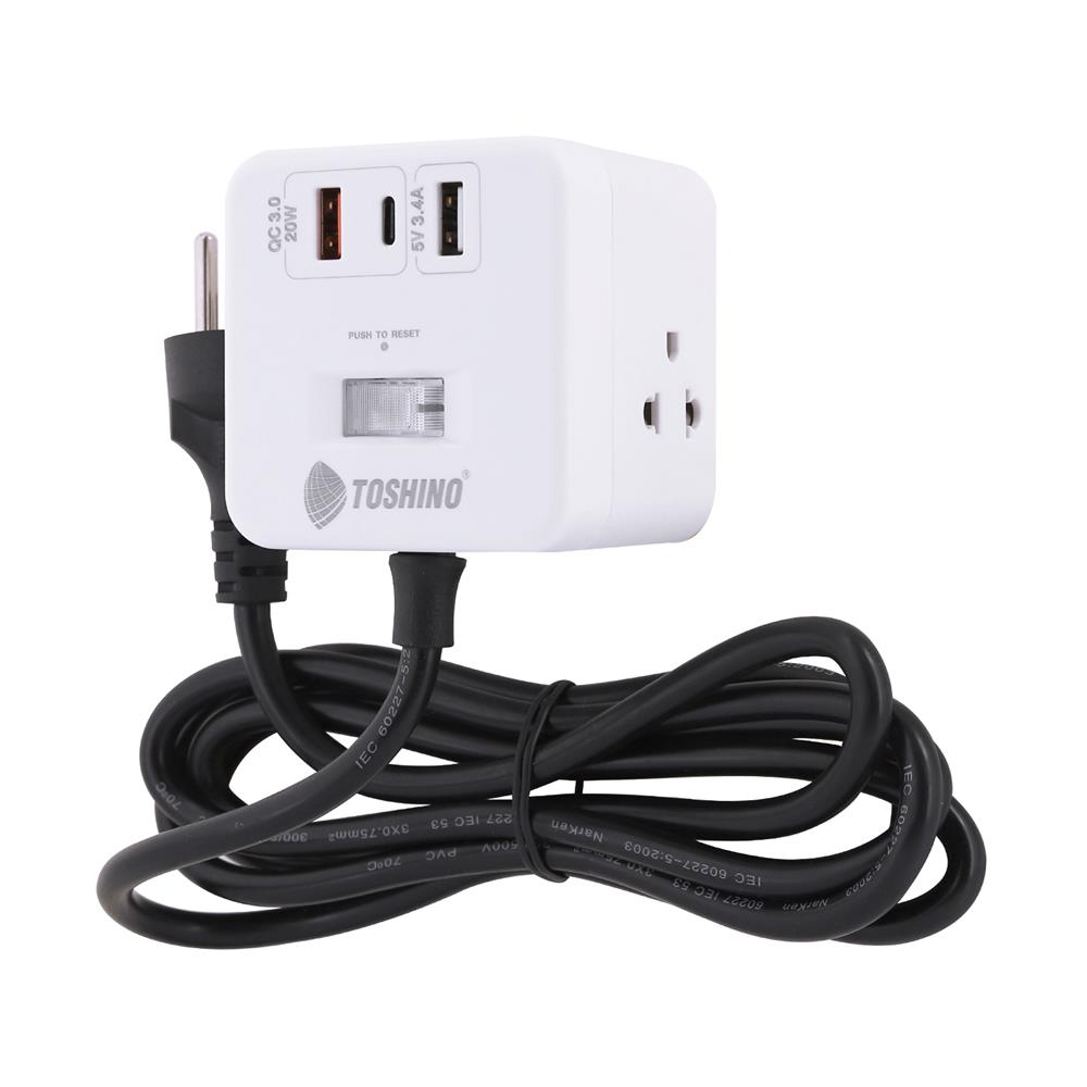 รางปลั๊กไฟ 4 ช่อง 1 สวิตซ์ 2 USB 3.4A 1 TYPE C TOSHINO 1PD20W 10 แอมป์ 2300 วัตต์ 2 เมตร สีขาว