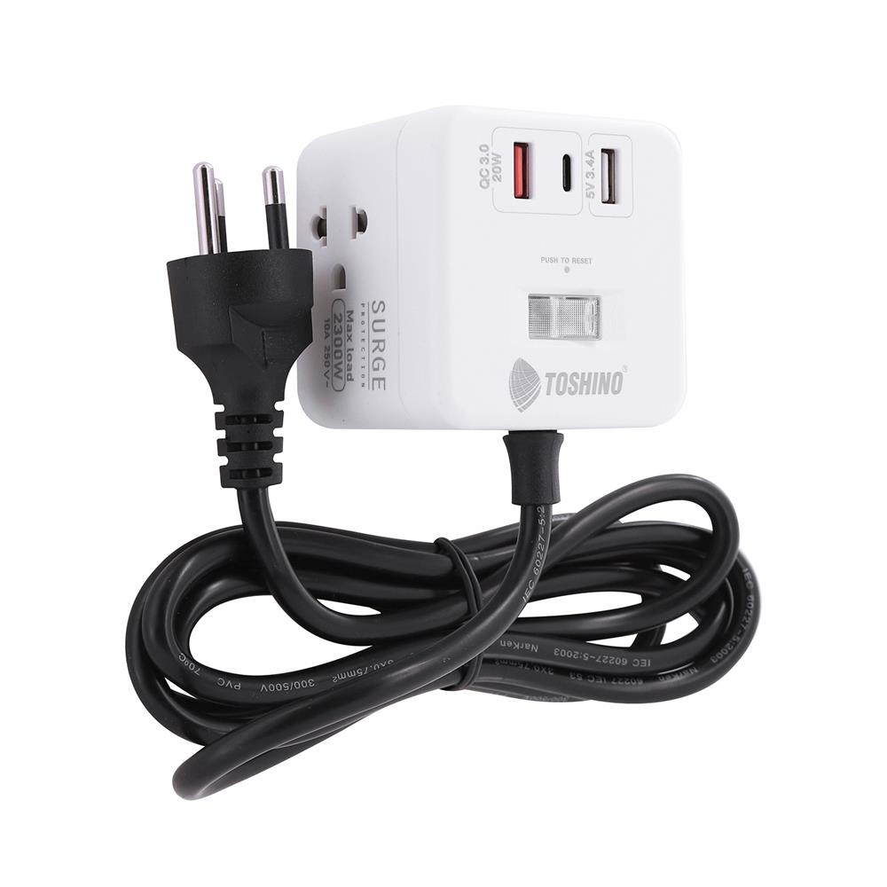 รางปลั๊กไฟ 4 ช่อง 1 สวิตซ์ 2 USB 3.4A 1 TYPE C TOSHINO 1PD20W 10 แอมป์ 2300 วัตต์ 2 เมตร สีขาว