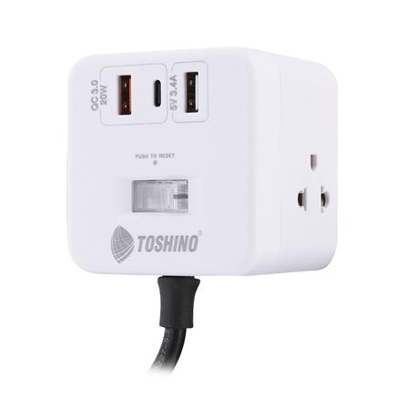 รางปลั๊กไฟ 4 ช่อง 1 สวิตซ์ 2 USB 3.4A 1 TYPE C TOSHINO 1PD20W 10 แอมป์ 2300 วัตต์ 2 เมตร สีขาว