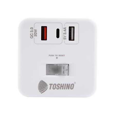 รางปลั๊กไฟ 4 ช่อง 1 สวิตซ์ 2 USB 3.4A 1 TYPE C TOSHINO 1PD20W 10 แอมป์ 2300 วัตต์ 2 เมตร สีขาว_1