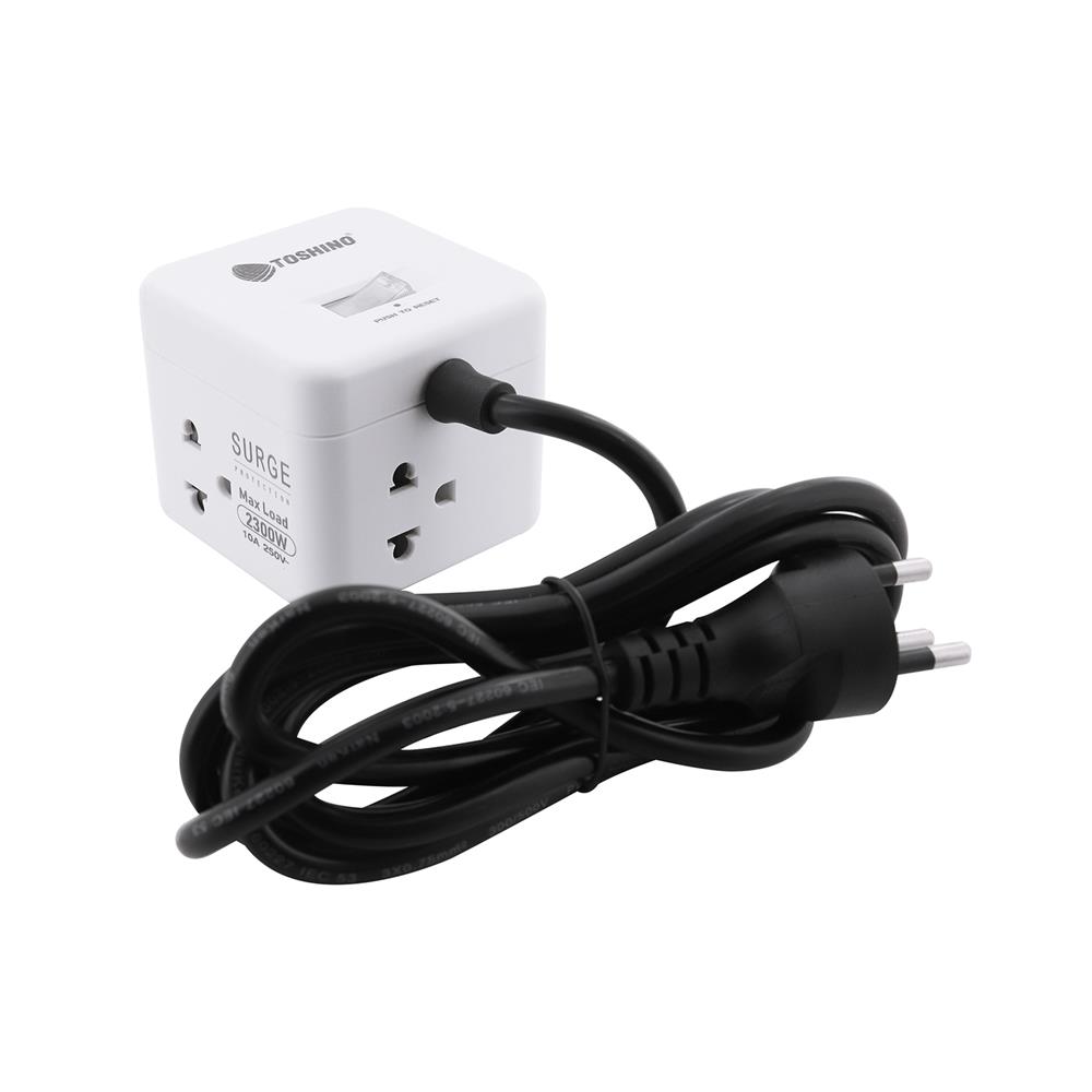 รางปลั๊กไฟ 4 ช่อง 1 สวิตซ์ ทรงลูกเต๋า TOSHINO 10 แอมป์ 2300 วัตต์ 2 เมตร สีขาว