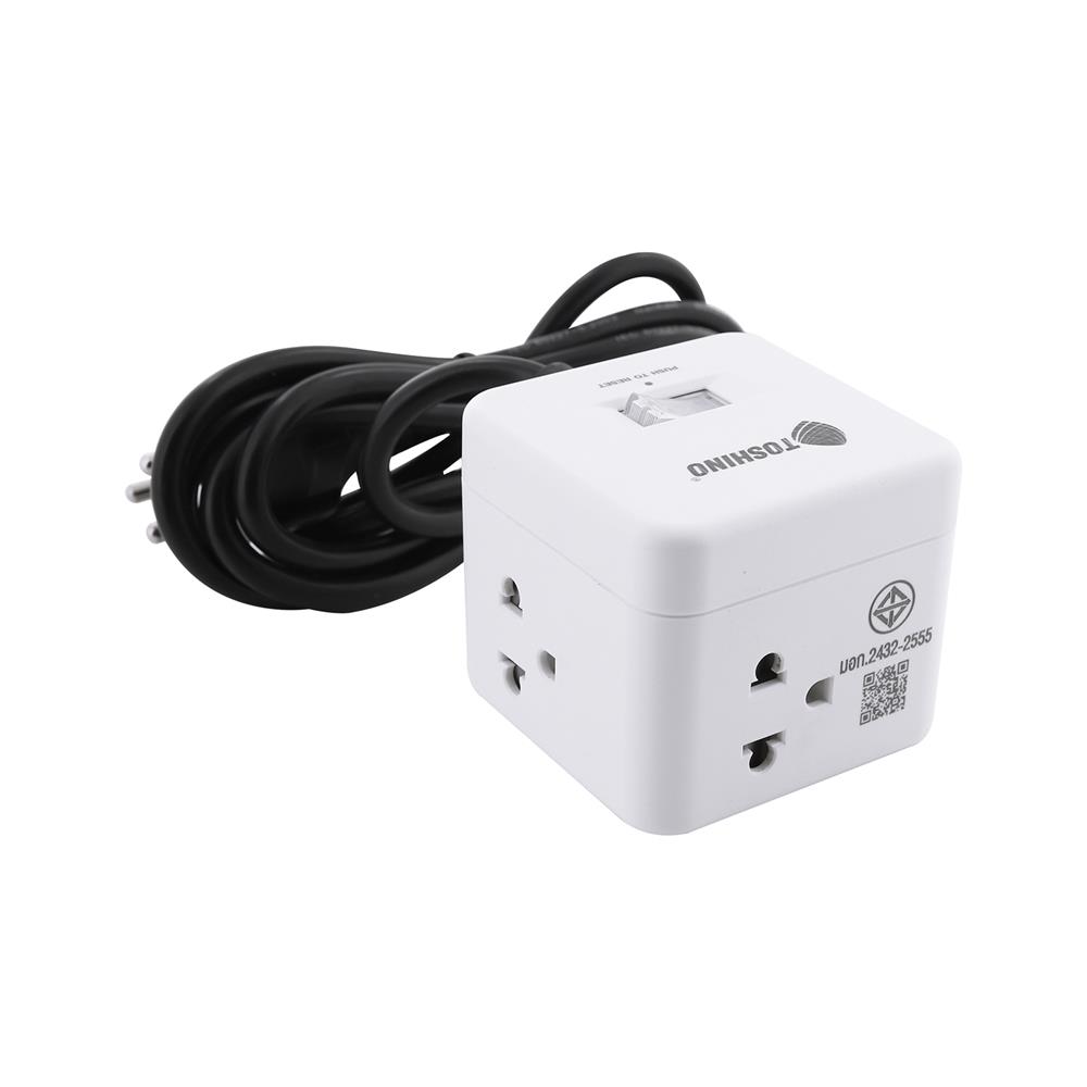 รางปลั๊กไฟ 4 ช่อง 1 สวิตซ์ ทรงลูกเต๋า TOSHINO 10 แอมป์ 2300 วัตต์ 2 เมตร สีขาว