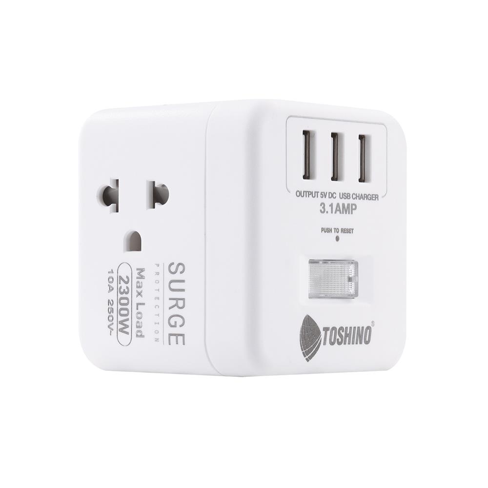 รางปลั๊กไฟ 4 ช่อง 1 สวิตซ์ 3 USB 3.1A TOSHINO 10 แอมป์ 2300 วัตต์ 2 เมตร สีขาว