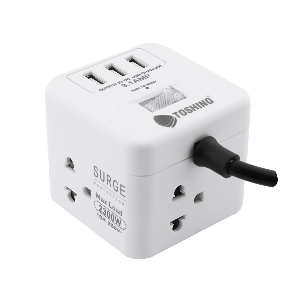 รางปลั๊กไฟ 4 ช่อง 1 สวิตซ์ 3 USB 3.1A TOSHINO 10 แอมป์ 2300 วัตต์ 2 เมตร สีขาว