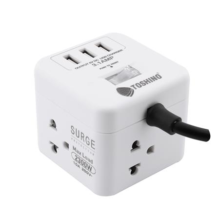 รางปลั๊กไฟ 4 ช่อง 1 สวิตซ์ 3 USB 3.1A TOSHINO 10 แอมป์ 2300 วัตต์ 2 เมตร สีขาว_2