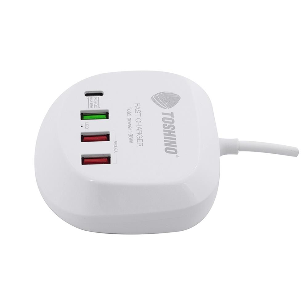 ช่องจ่ายไฟ 3 USB 1 TYPE-C TOSHINO 1.2 เมตร สีขาว