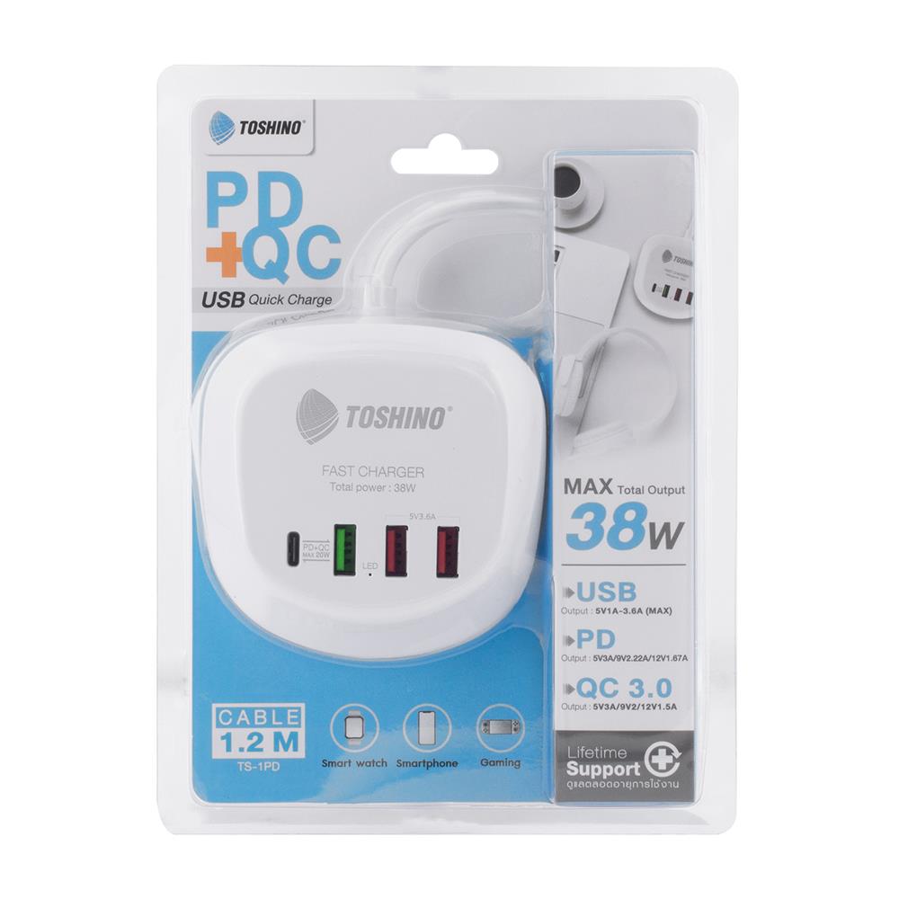 ช่องจ่ายไฟ 3 USB 1 TYPE-C TOSHINO 1.2 เมตร สีขาว