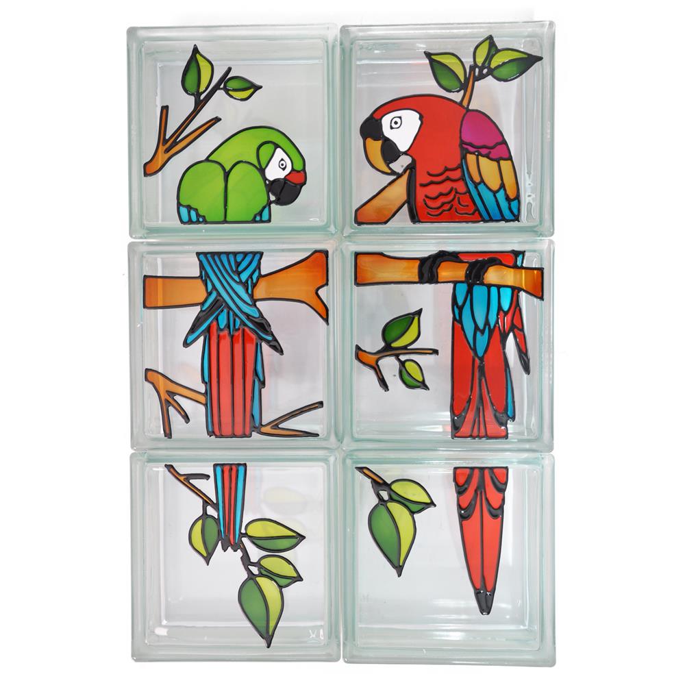 อิฐแก้ว 19x19x8 ซม. ช้างแก้ว ชุดนกแก้วมาคอร์ สีแดง