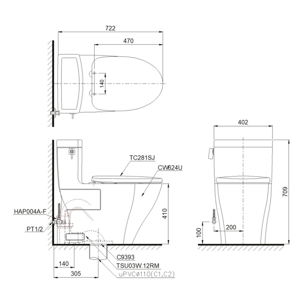 สุขภัณฑ์ 1 ชิ้น TOTO CW624UV2 4.8 ลิตร สีขาว